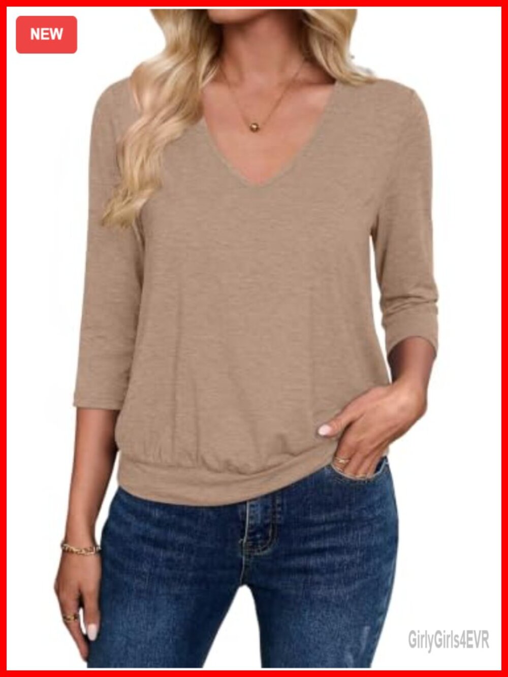 Women's 3/4 Sleeve V Neck Banded Bottom Tunic Blouse Casual Top